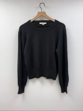Ann Taylor LOFT Chunky Knit Ribbed Puff Sleeve Pullover Sweater Black XL